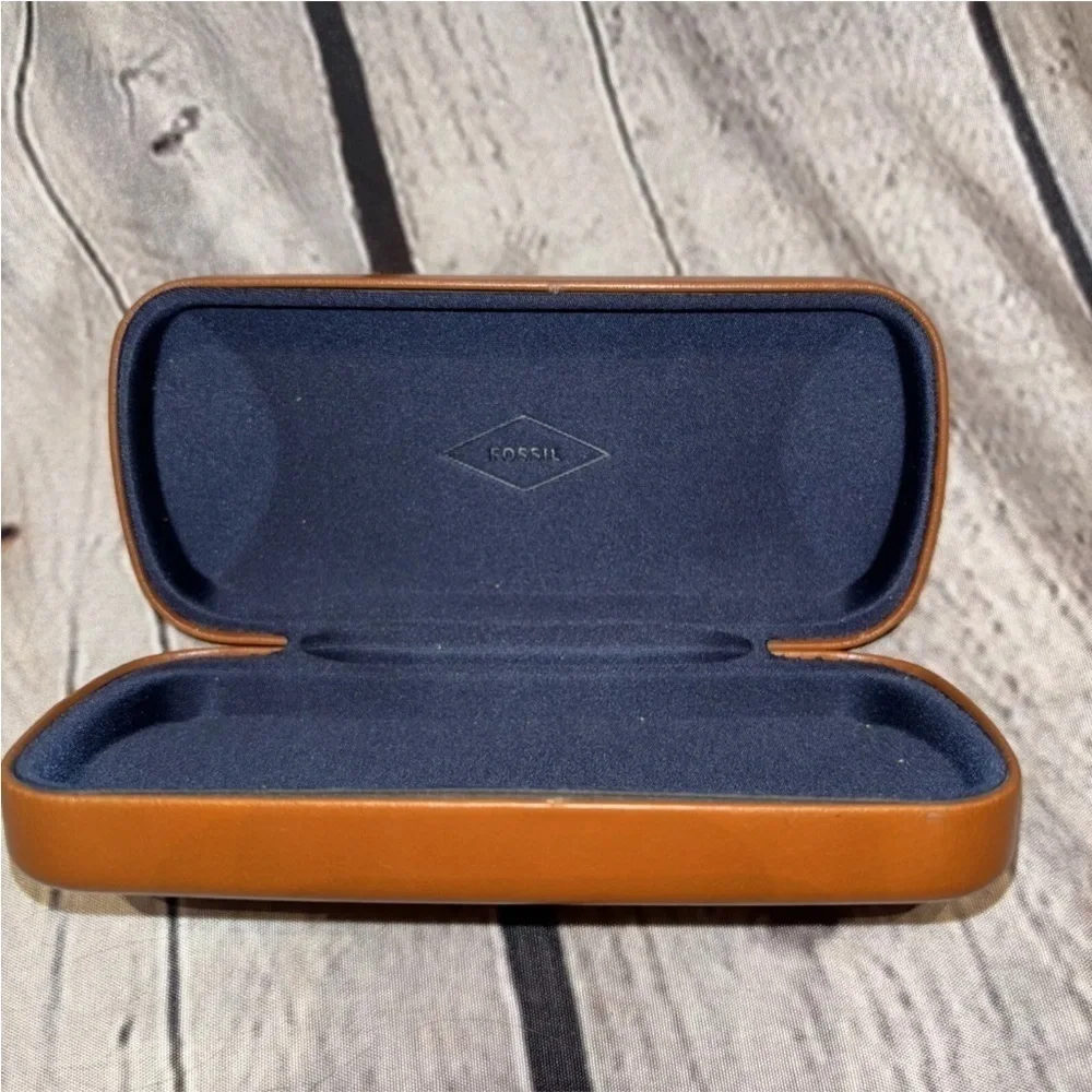 Fossil Hard Eyeglasses Case Blue Felt Lining Rectangular Glasses Holder Brown